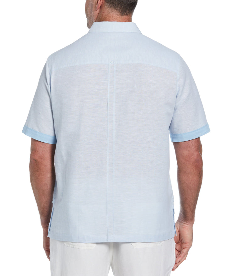 Big & Tall Linen Blend Cross Dye Guayabera Shirt (Cerulean) 