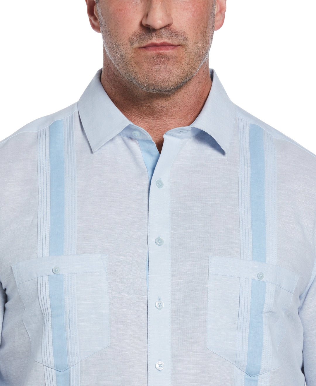 Big & Tall Linen Blend Cross Dye Guayabera Shirt (Cerulean) 