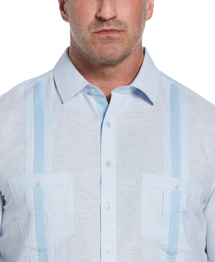 Big & Tall Linen Blend Cross Dye Guayabera Shirt (Cerulean) 