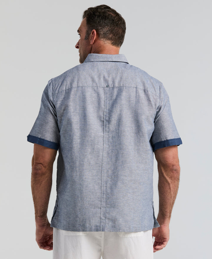 Big & Tall Linen Blend Guayabera Shirt (Ensign Blue) 