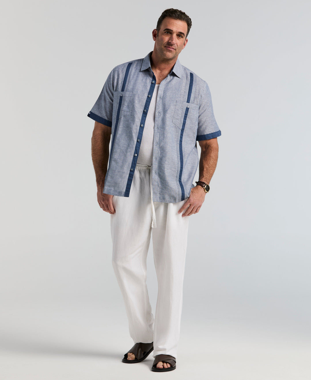 Big & Tall Linen Blend Guayabera Shirt (Ensign Blue) 