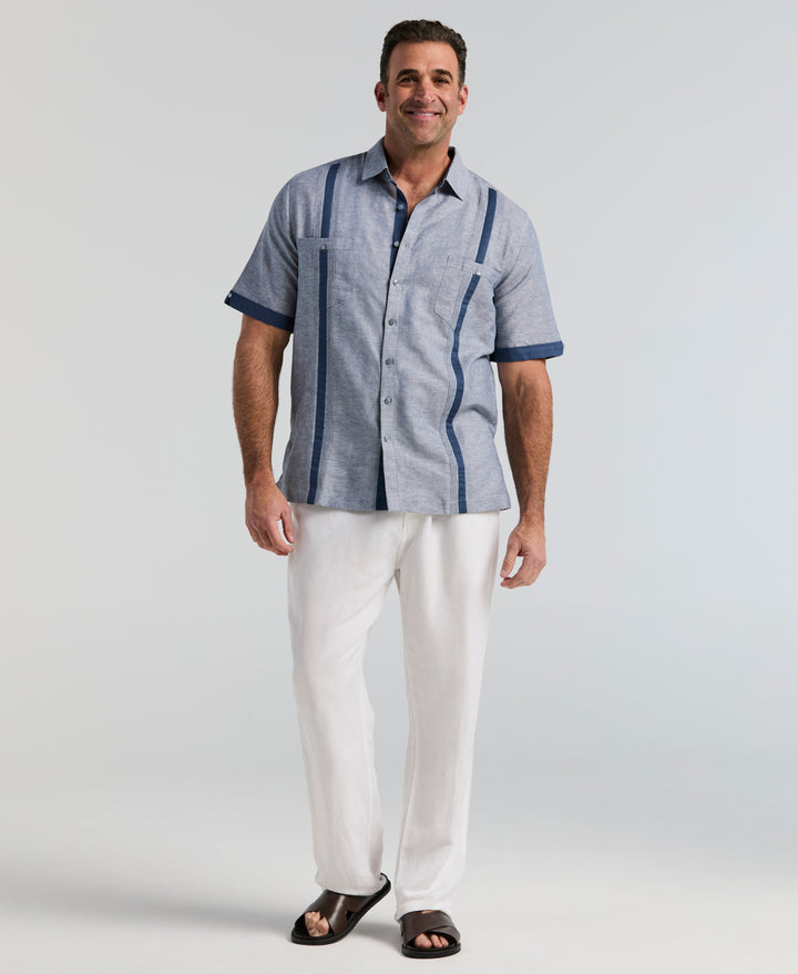 Big & Tall Linen Blend Guayabera Shirt (Ensign Blue) 