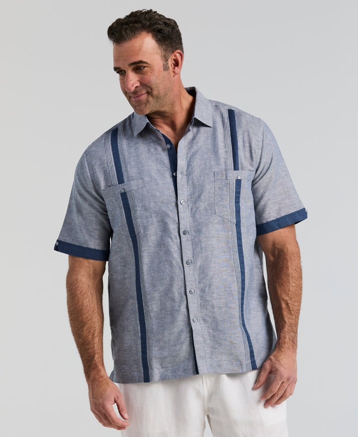 Big & Tall Linen Blend Guayabera Shirt (Ensign Blue) 