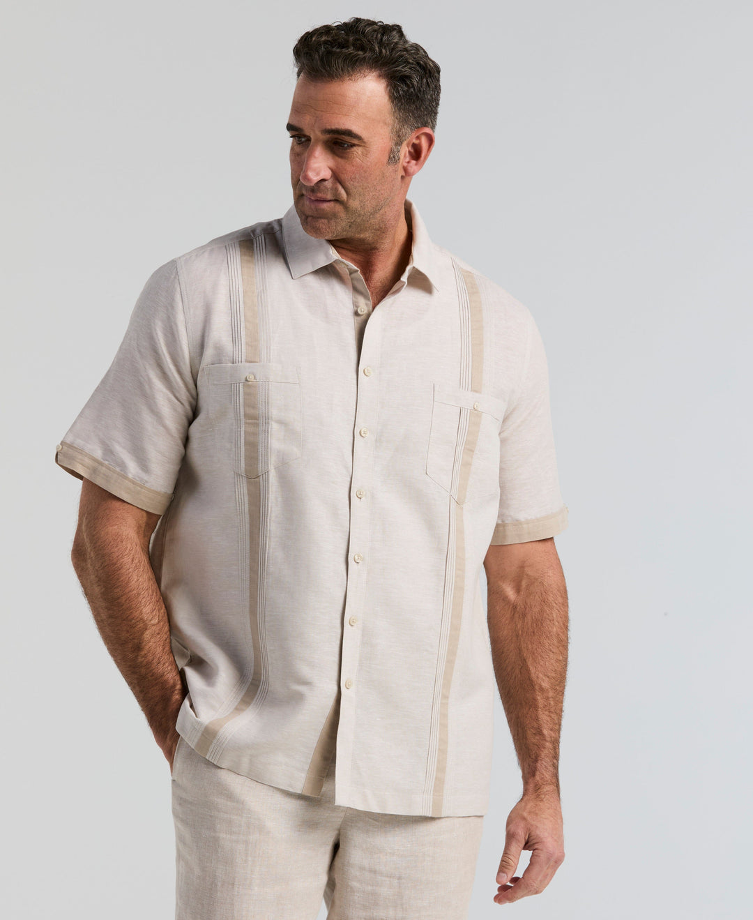 Big & Tall Linen Blend Cross Dye Guayabera Shirt (Silver Lining) 