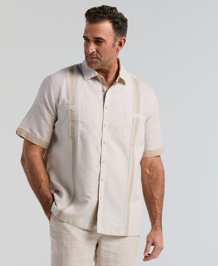 Big & Tall Linen Blend Cross Dye Guayabera Shirt (Silver Lining) 