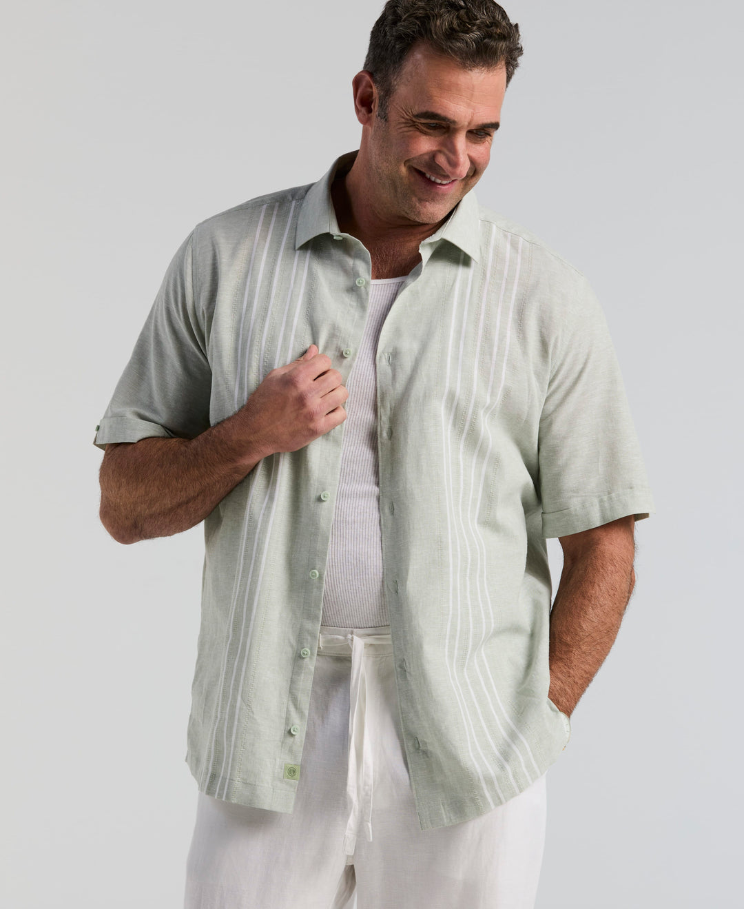 Big & Tall Linen Blend Dobby Panel Shirt (Smoke Green) 
