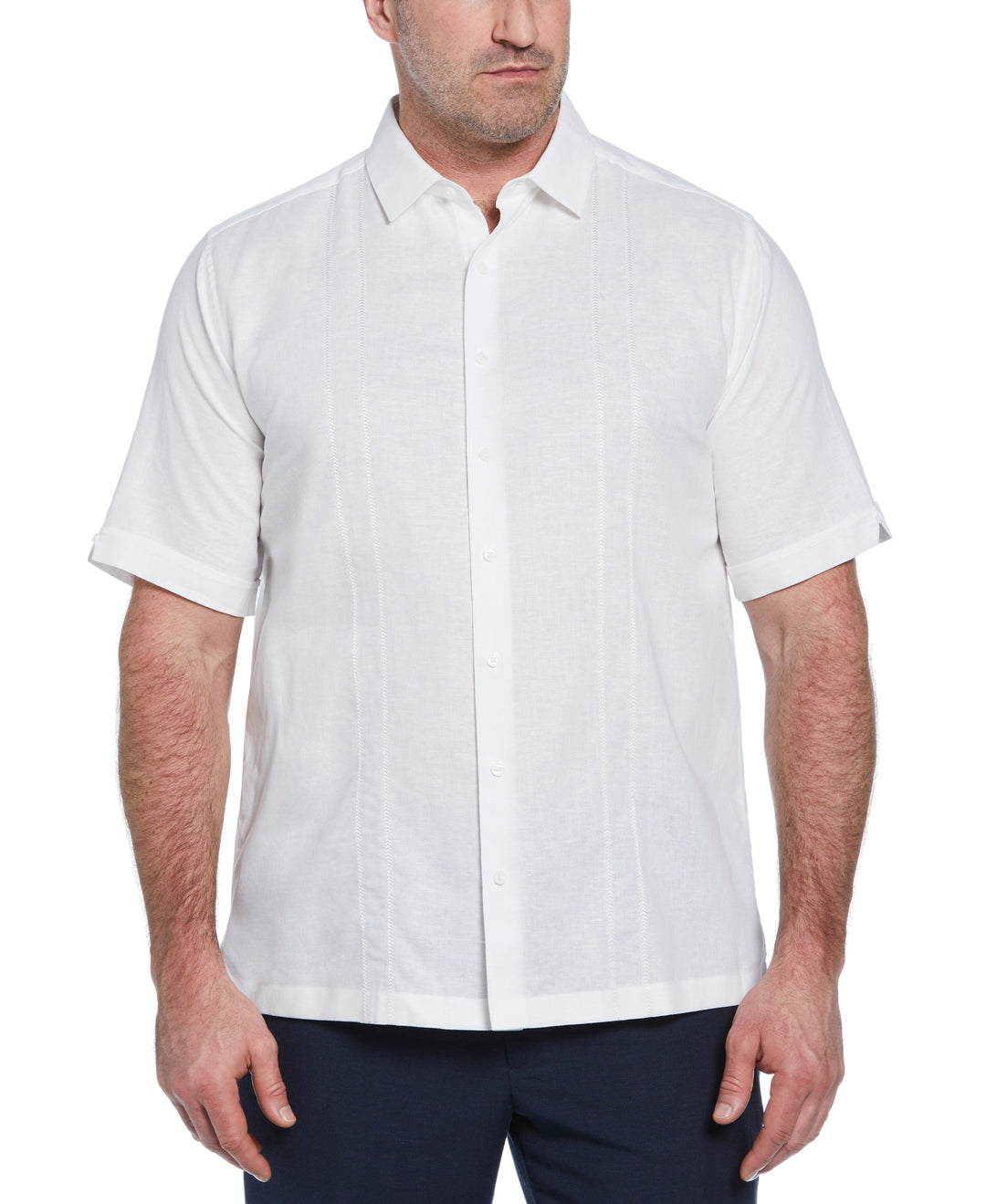 Big & Tall Linen Blend Embroidered Panel Shirt (Brilliant White) 