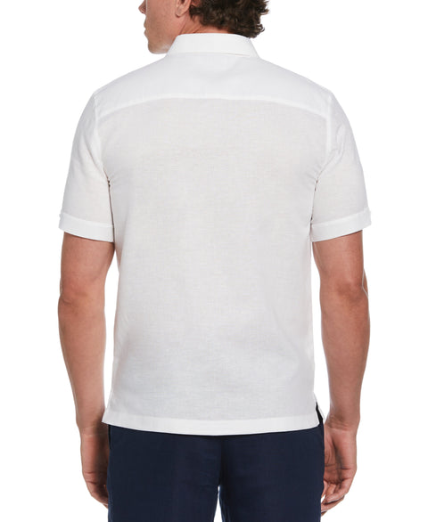 Linen Blend Guayabera Shirt with Geo Embroidered Panels (Brilliant White) 