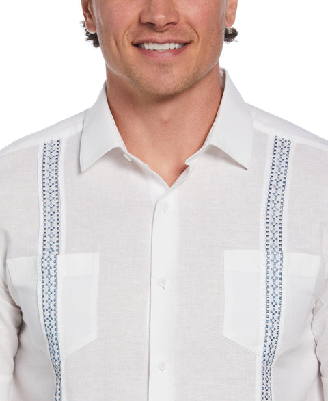 Linen Blend Guayabera Shirt with Geo Embroidered Panels (Brilliant White) 