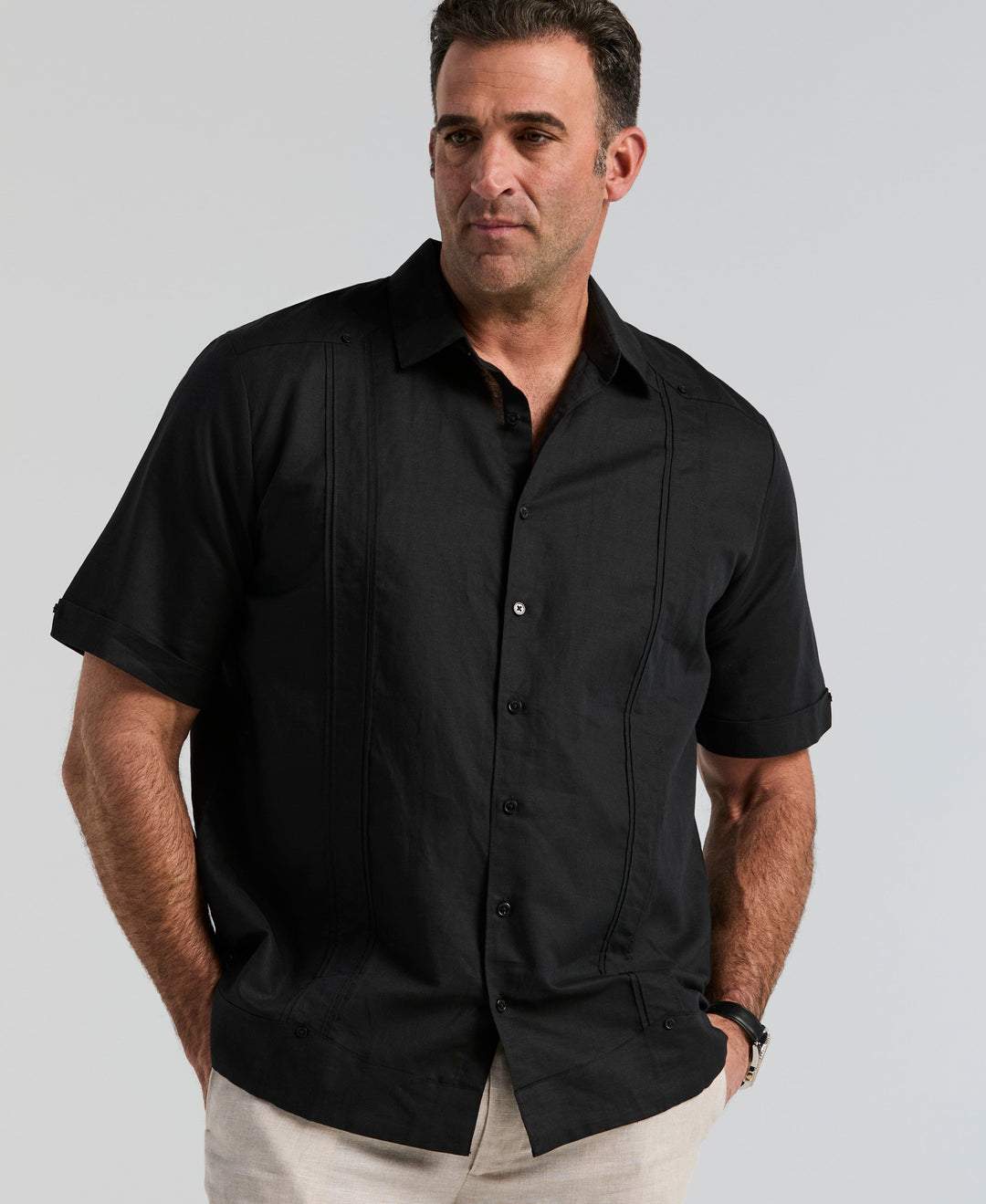 Big & Tall Linen Blend Guayabera Shirt (Jet Black) 