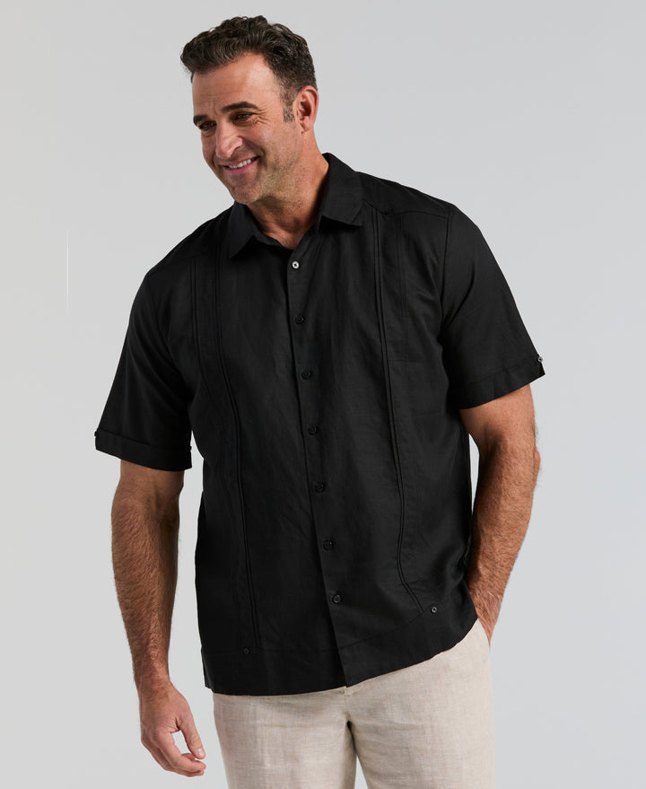 Big & Tall Linen Blend Guayabera Shirt (Jet Black) 