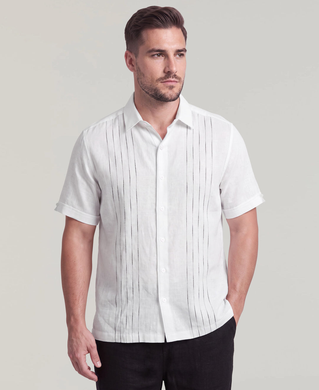 Big & Tall Linen Blend Slub Panel Shirt (Brilliant White) 