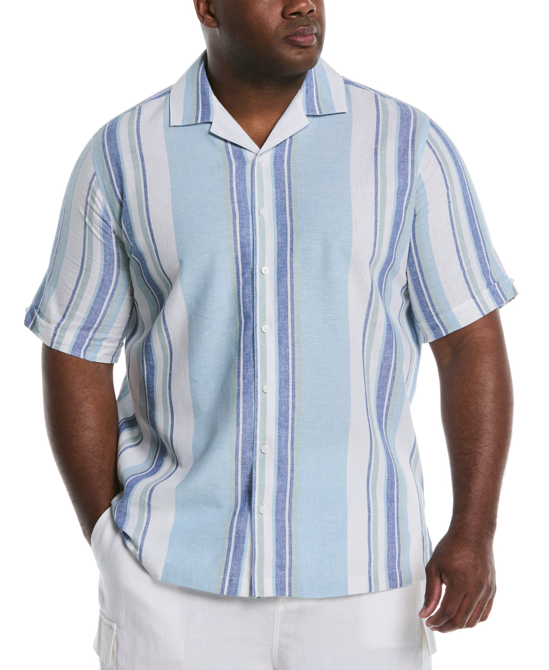 Big & Tall Linen Blend Striped Panel Shirt (Forget Me Not) 