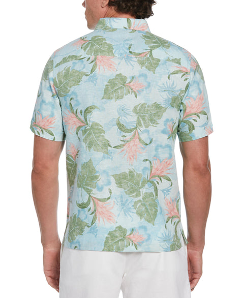 Linen Blend Tropical Floral Print Shirt (Aqua Esque) 