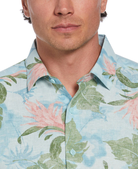 Linen Blend Tropical Floral Print Shirt (Aqua Esque) 