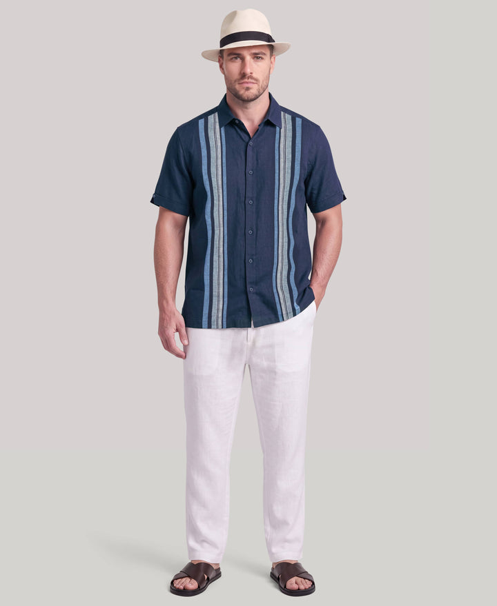 Big & Tall Linen Blend Vertical Panel Dobby Shirt (Pageant Blue) 