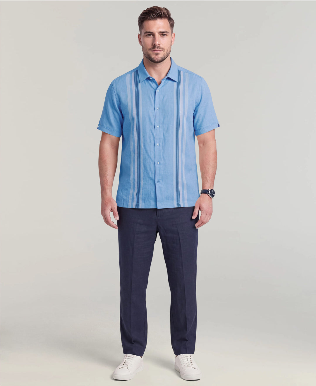 Big & Tall Linen Blend Vertical Panel Dobby Shirt (Lichen Blue) 