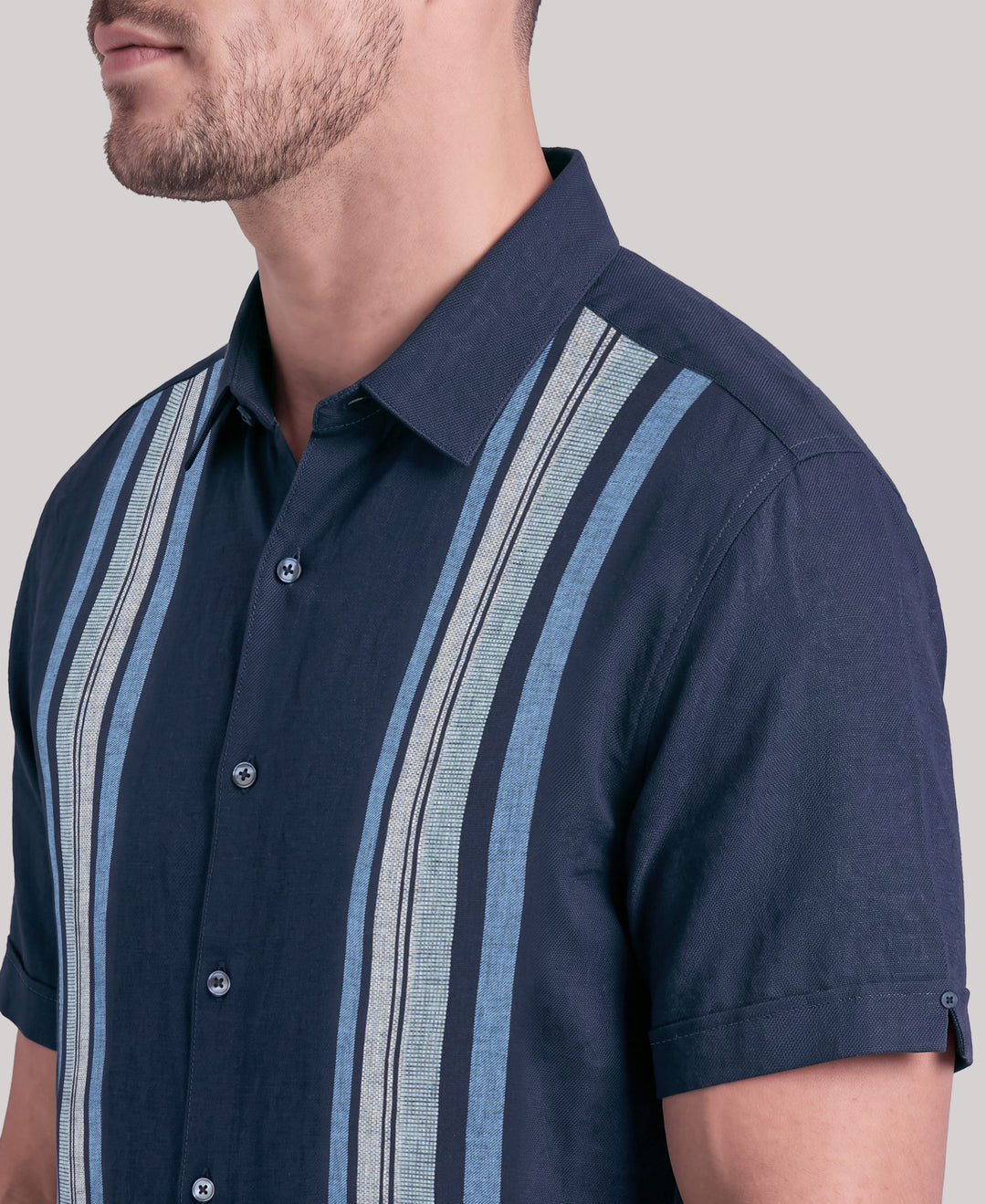 Big & Tall Linen Blend Vertical Panel Dobby Shirt (Pageant Blue) 
