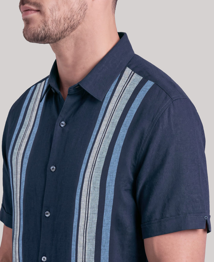 Big & Tall Linen Blend Vertical Panel Dobby Shirt (Pageant Blue) 