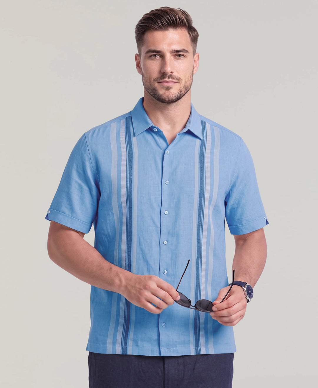 Big & Tall Linen Blend Vertical Panel Dobby Shirt (Lichen Blue) 