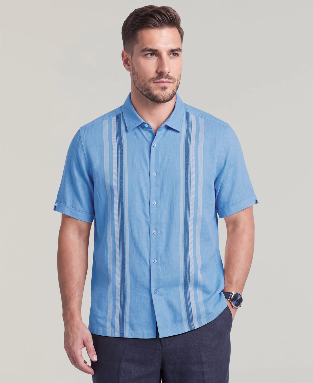 Big & Tall Linen Blend Vertical Panel Dobby Shirt (Lichen Blue) 