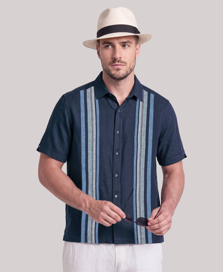Big & Tall Linen Blend Vertical Panel Dobby Shirt (Pageant Blue) 