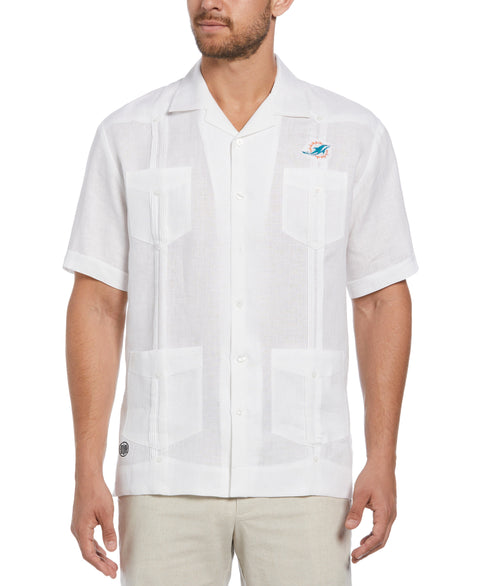 Miami Dolphins Logo Linen Short Sleeve 4 Pocket Guayabera (Bright White) 