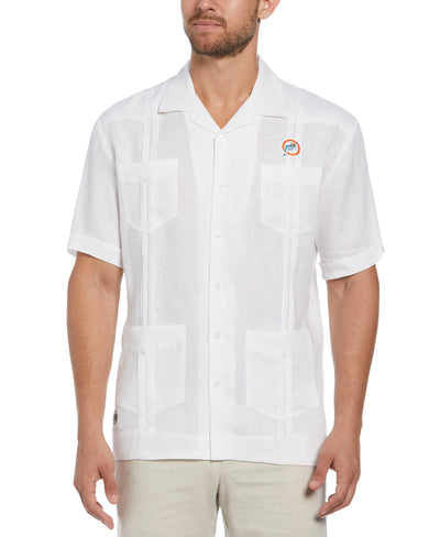 Miami Dolphins Throwback Logo Linen Short Sleeve 4 Pocket Guayabera (Bright White) 