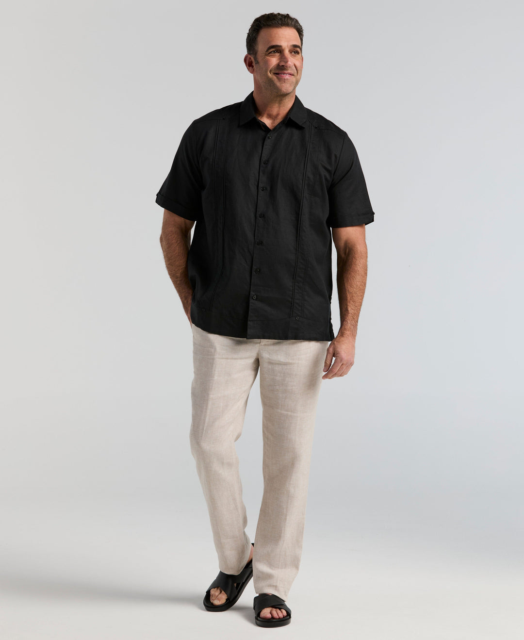 Big & Tall Linen Blend Guayabera Shirt (Jet Black) 