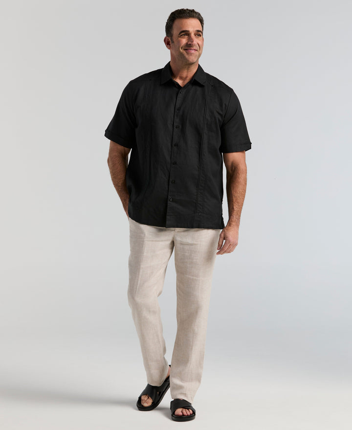 Big & Tall Linen Blend Guayabera Shirt (Jet Black) 