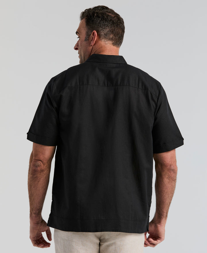 Big & Tall Linen Blend Guayabera Shirt (Jet Black) 