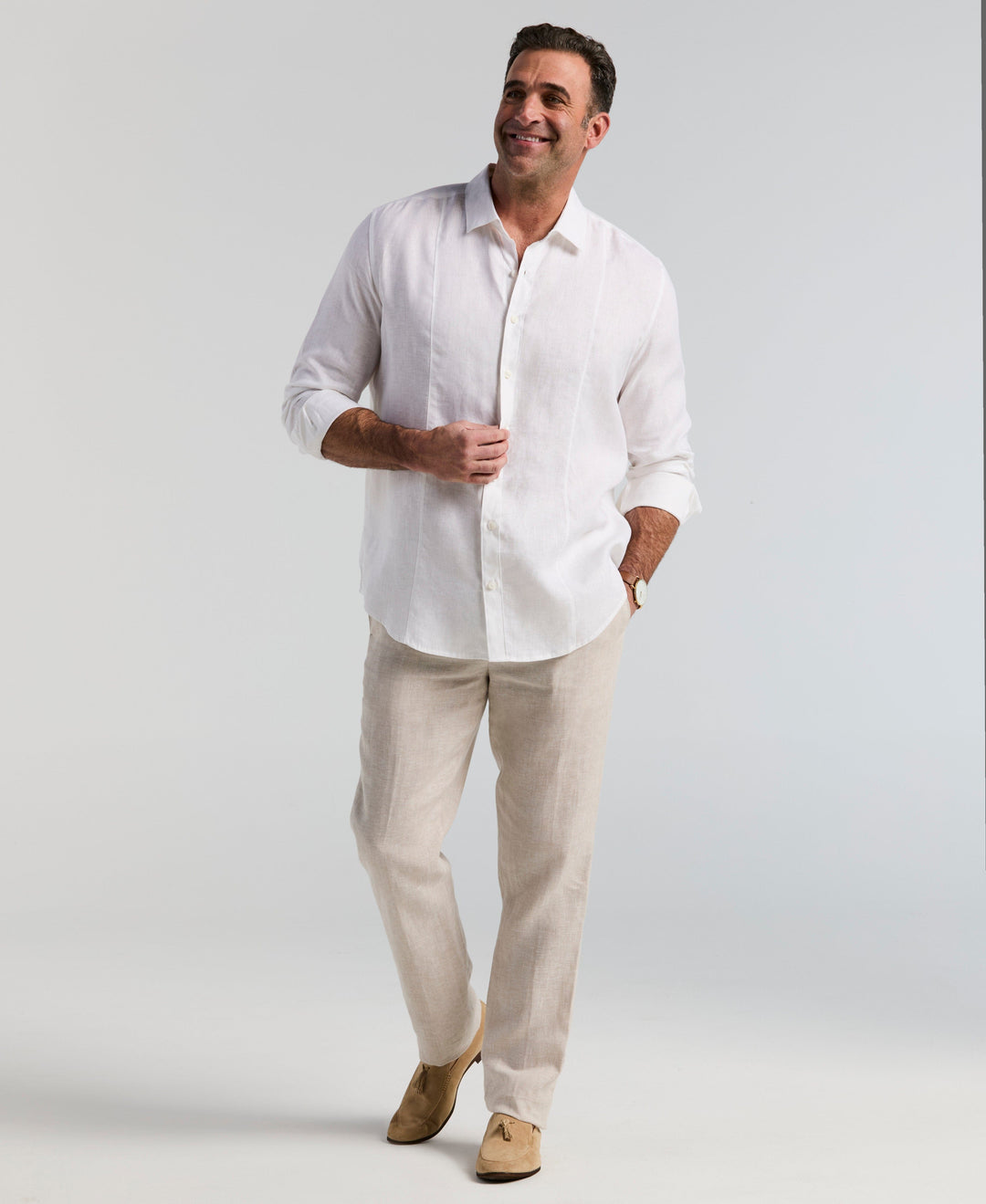 Big & Tall Solid Linen Sport Shirt (Bright White) 