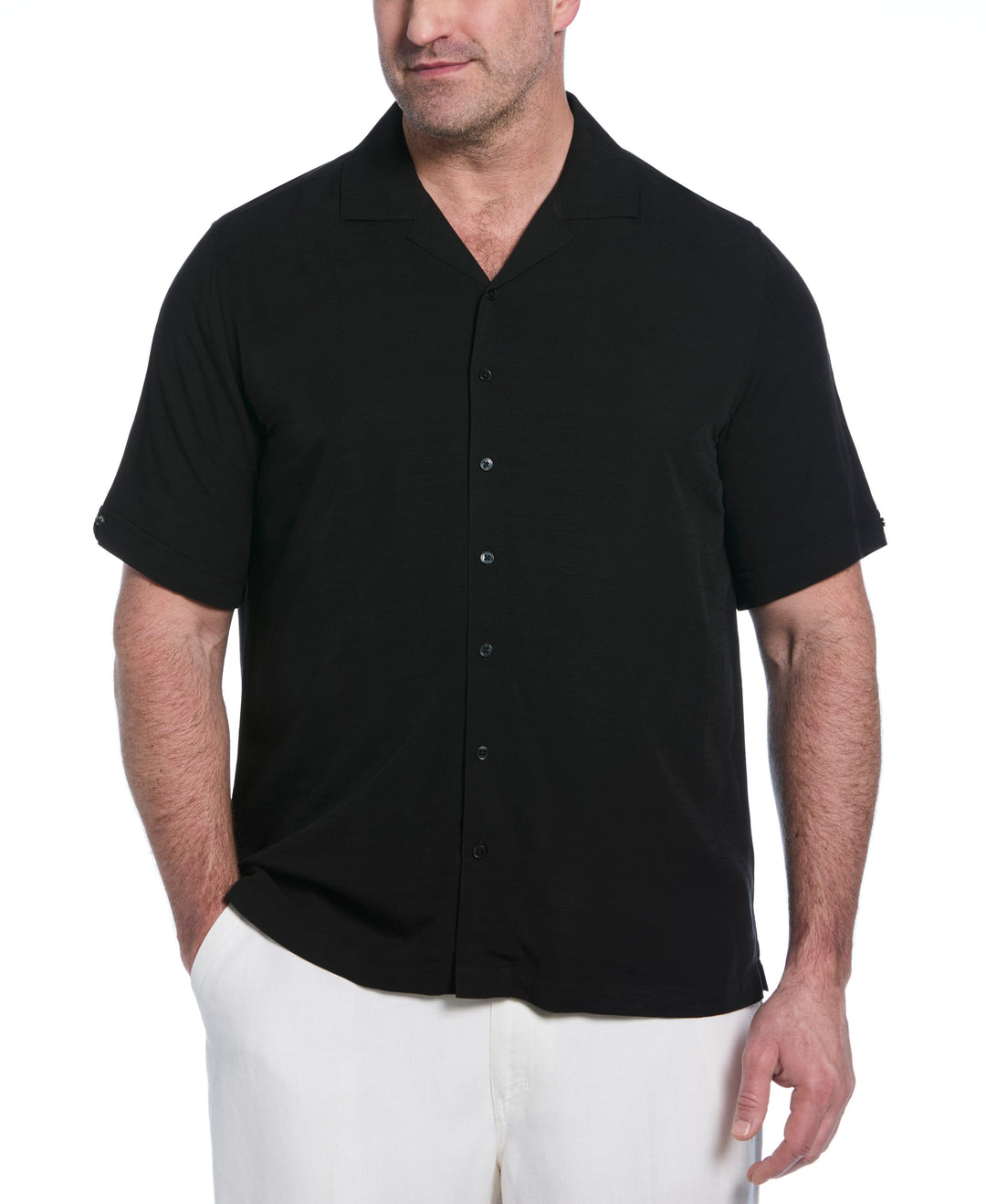 Big & Tall Solid Textured Cuban Collar Shirt (Jet Black) 