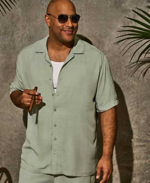 Big & Tall Solid Textured Cuban Collar Shirt-Casual Shirts-Cubavera