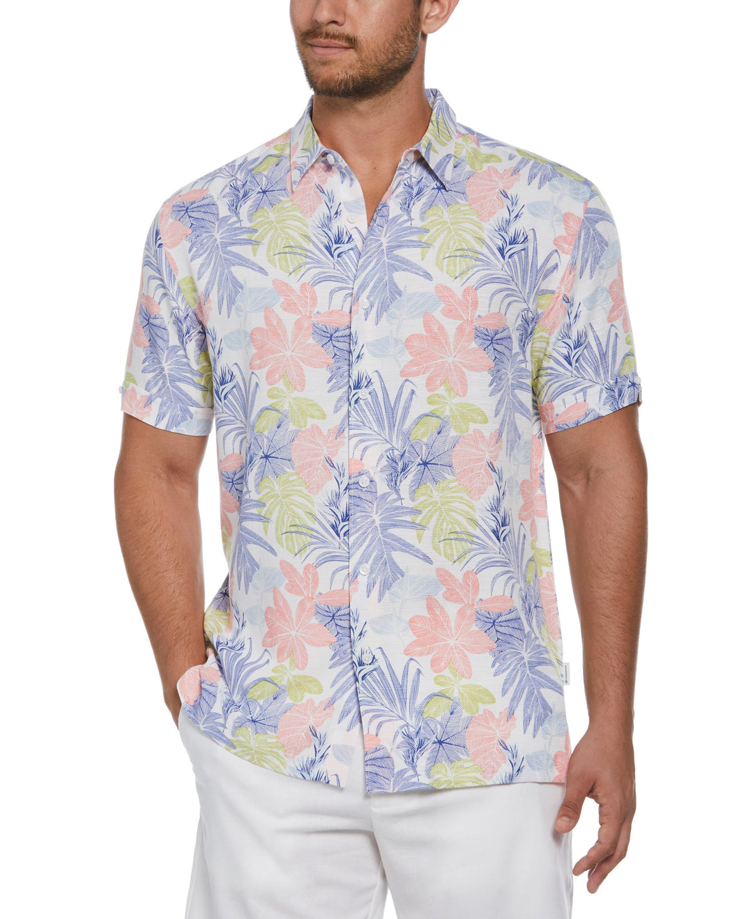 Textured Floral Leaf Print Shirt (Brilliant White) 