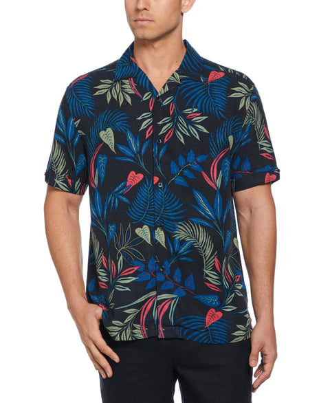 Big & Tall Textured Tropical Print Cuban Collar Shirt-Casual Shirts-Cubavera