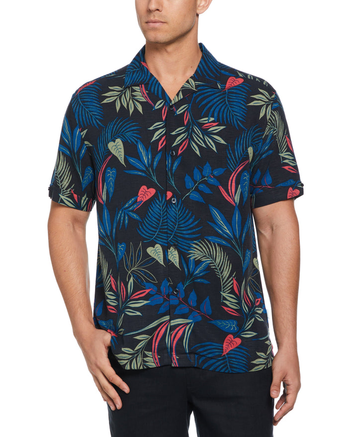Big & Tall Textured Tropical Print Cuban Collar Shirt-Casual Shirts-Cubavera