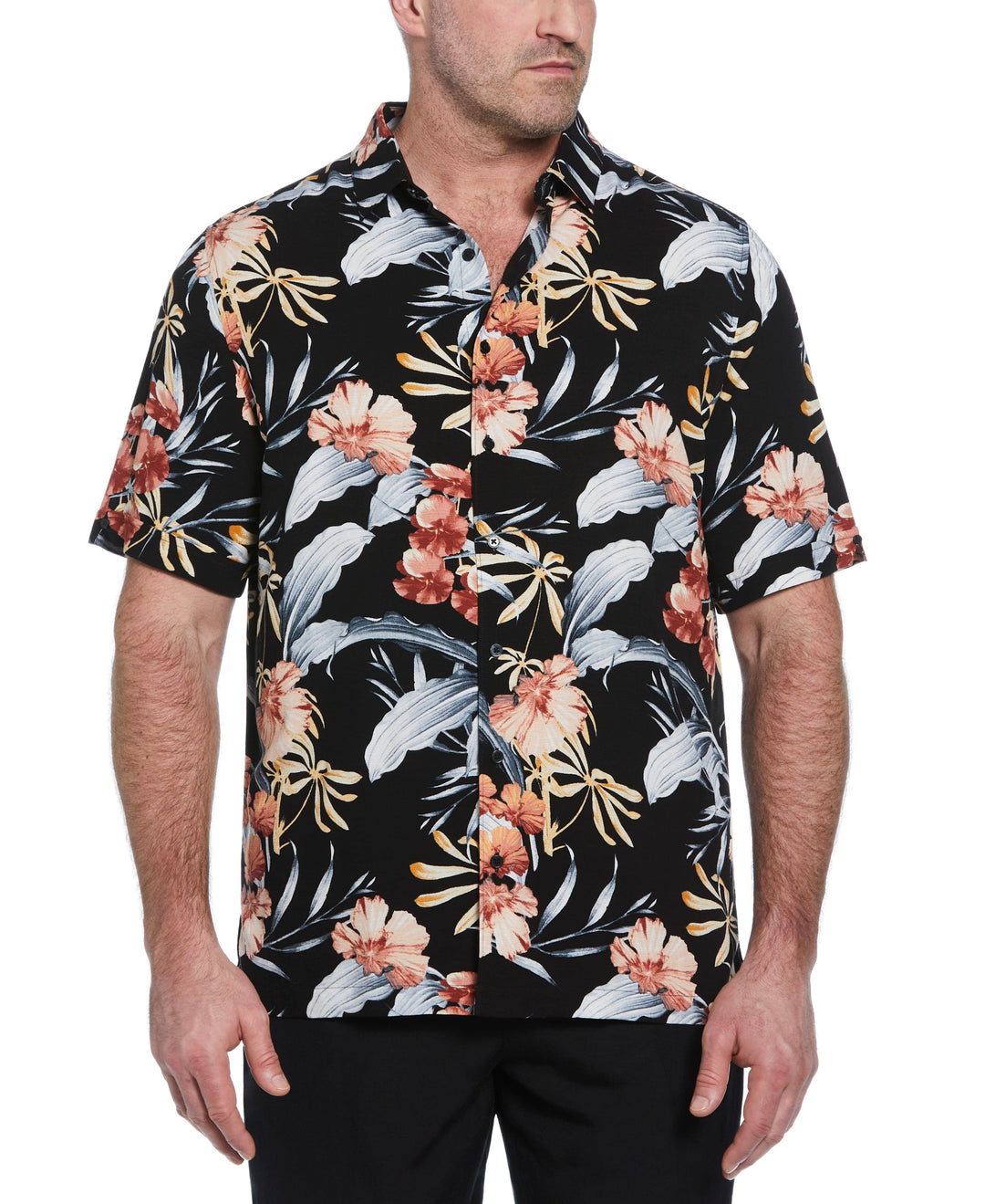 Big & Tall Tropical Floral Print Shirt (Jet Black) 