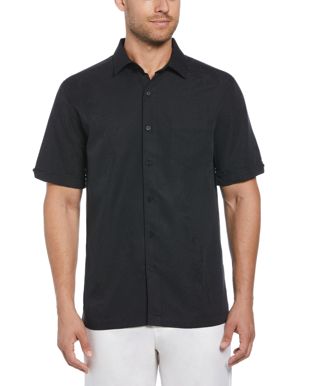 Two-Tone One Pocket Floral Print Shirt (Jet Black) 