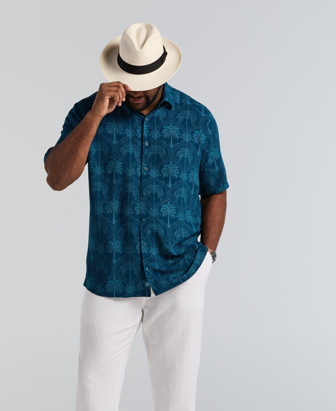 Big & Tall Viscose Medallion Palm Print Shirt (Sailor Blue) 