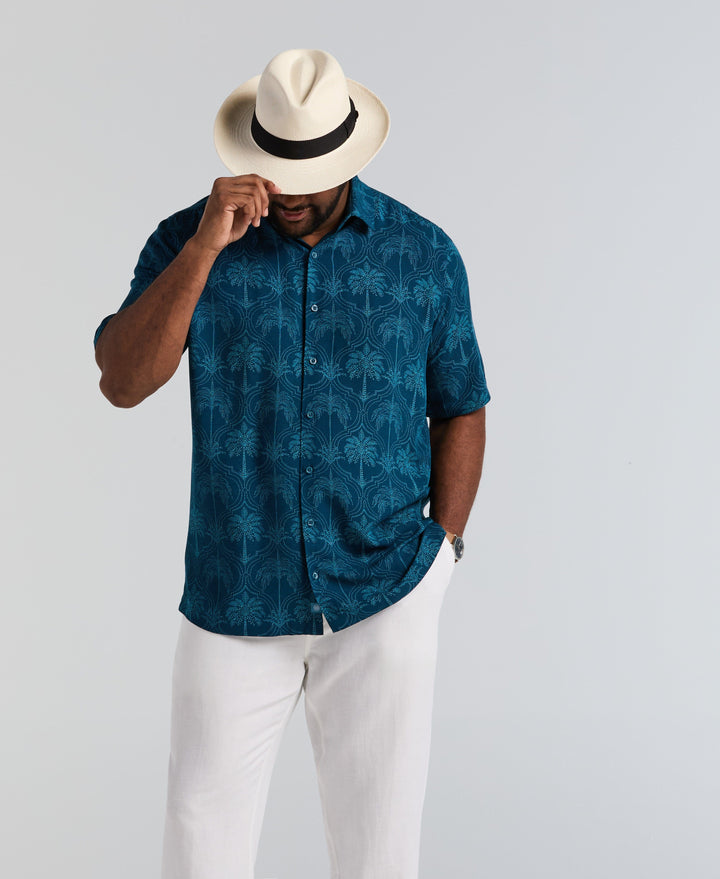Big & Tall Viscose Medallion Palm Print Shirt (Sailor Blue) 