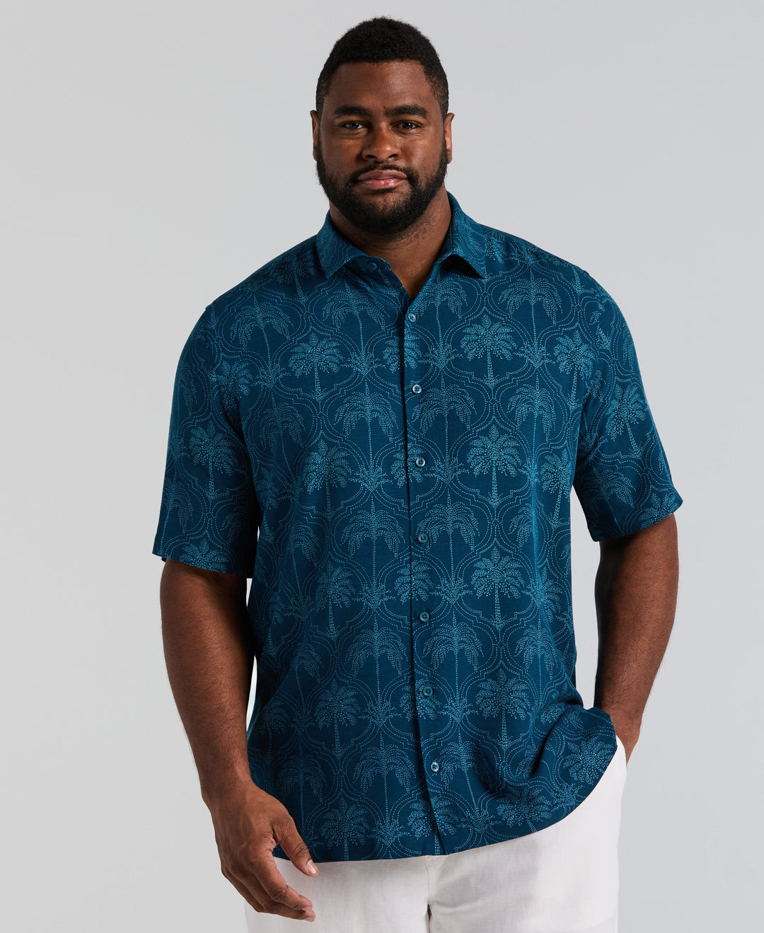 Big & Tall Viscose Medallion Palm Print Shirt (Sailor Blue) 
