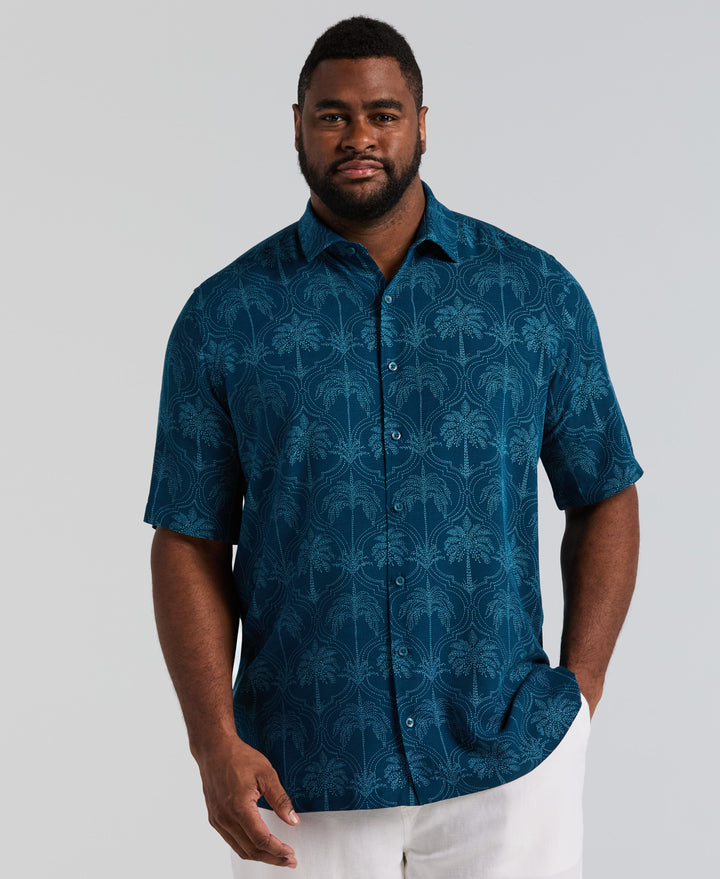 Big & Tall Viscose Medallion Palm Print Shirt (Sailor Blue) 
