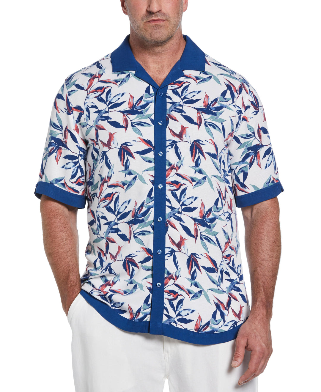 Big & Tall Watercolor Leaf Print Textured Shirt (Brilliant White) 