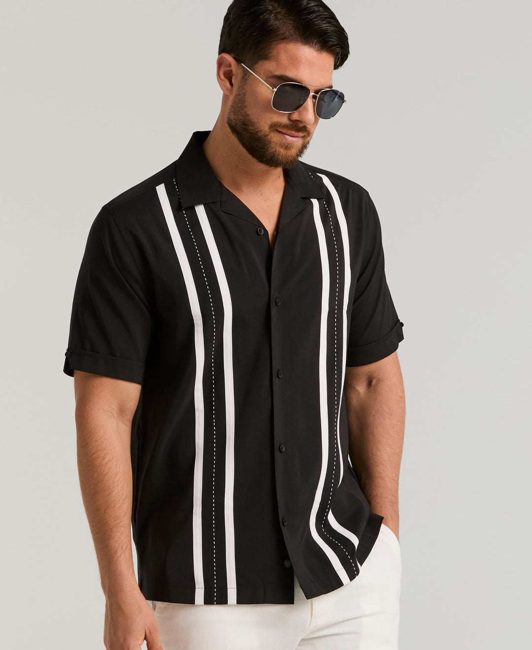 Contrast Panel Camp Collar Shirt (Jet Black) 