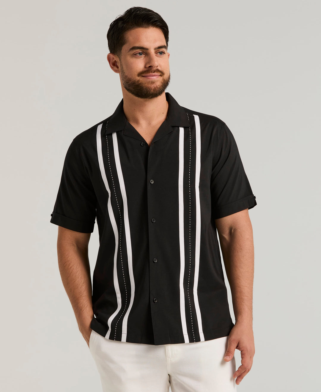 Contrast Panel Camp Collar Shirt (Jet Black) 