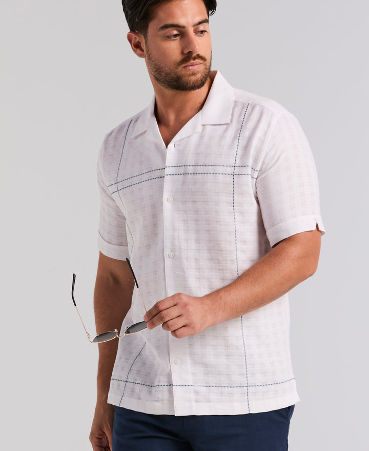 Cotton Blend Geo Embroidered Shirt (Brilliant White) 