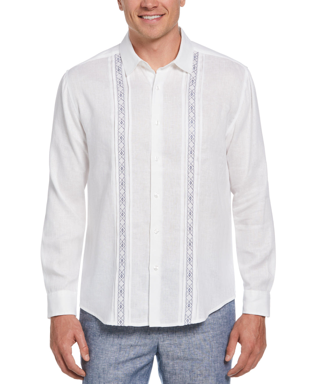 Cross Dye Linen Pintuck Embroidered Panel Shirt (Brilliant W/Ensign Bl) 