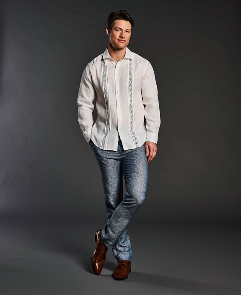 Cross Dye Linen Pintuck Embroidered Panel Shirt-Casual Shirts-Cubavera