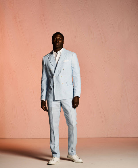 Double Breasted Delave Linen Dream Blue Suit-Suit Set-Cubavera